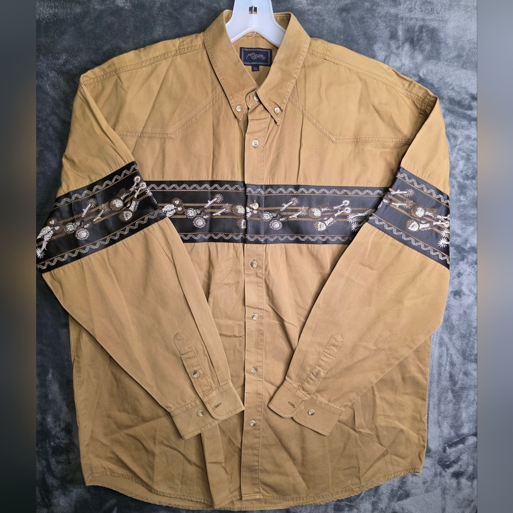 Vintage Roper Tan Western Shirt Spurs Print